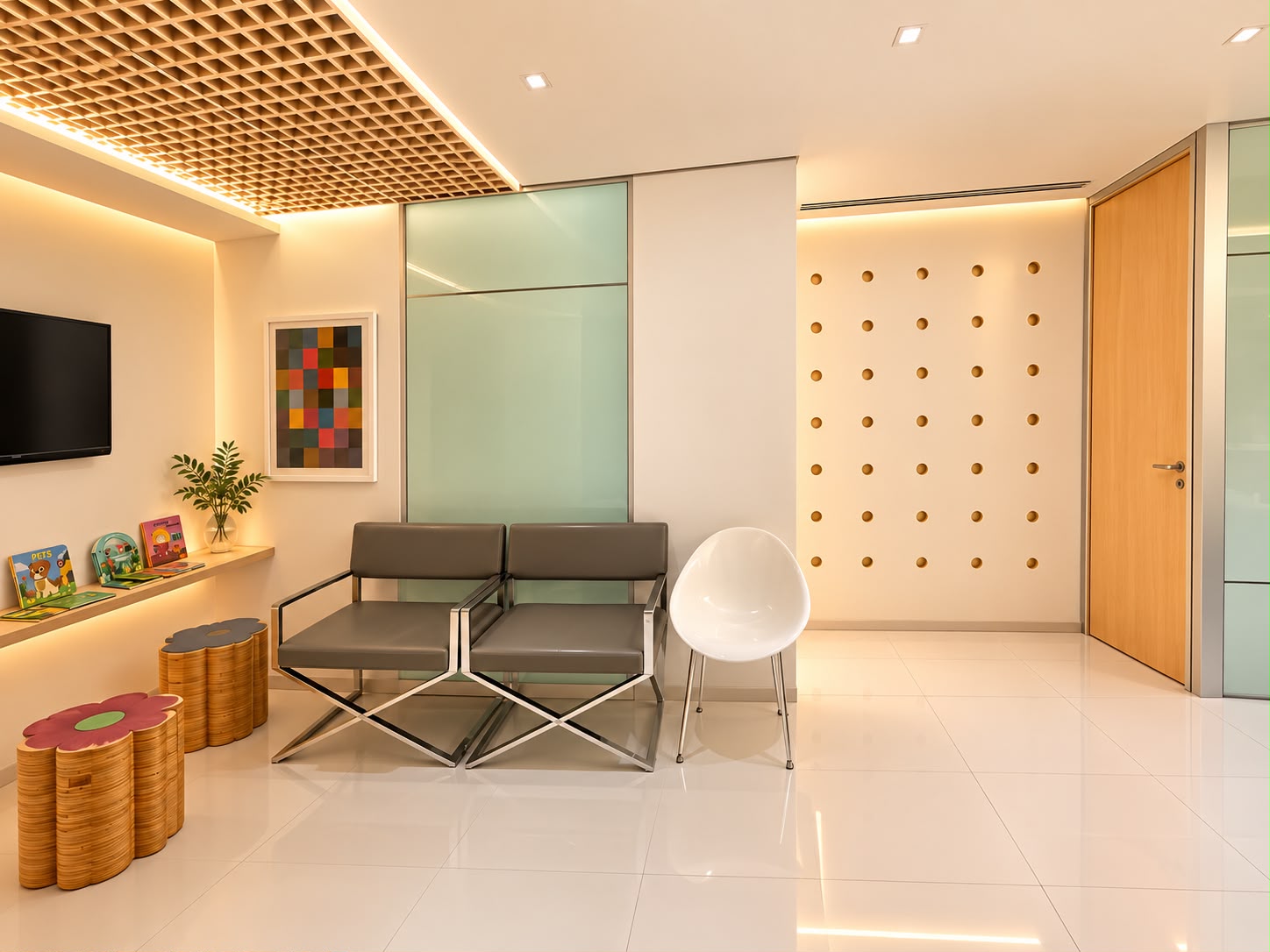 Sala de espera da Clínica Porta com iluminação natural, poltronas e espaço infantil